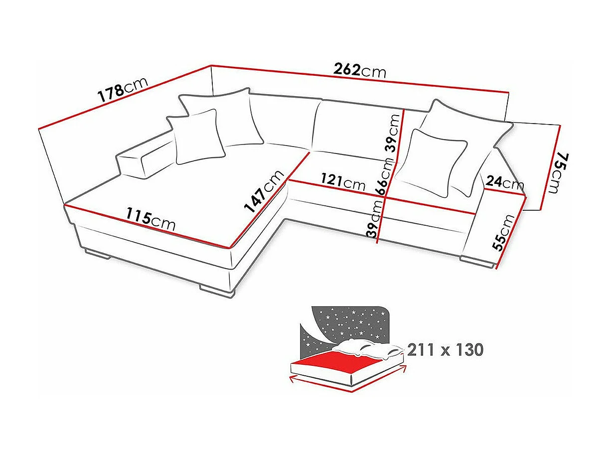 Canapé d'angle Kingsport 106, Gris, Disponible, 262x178x75cm