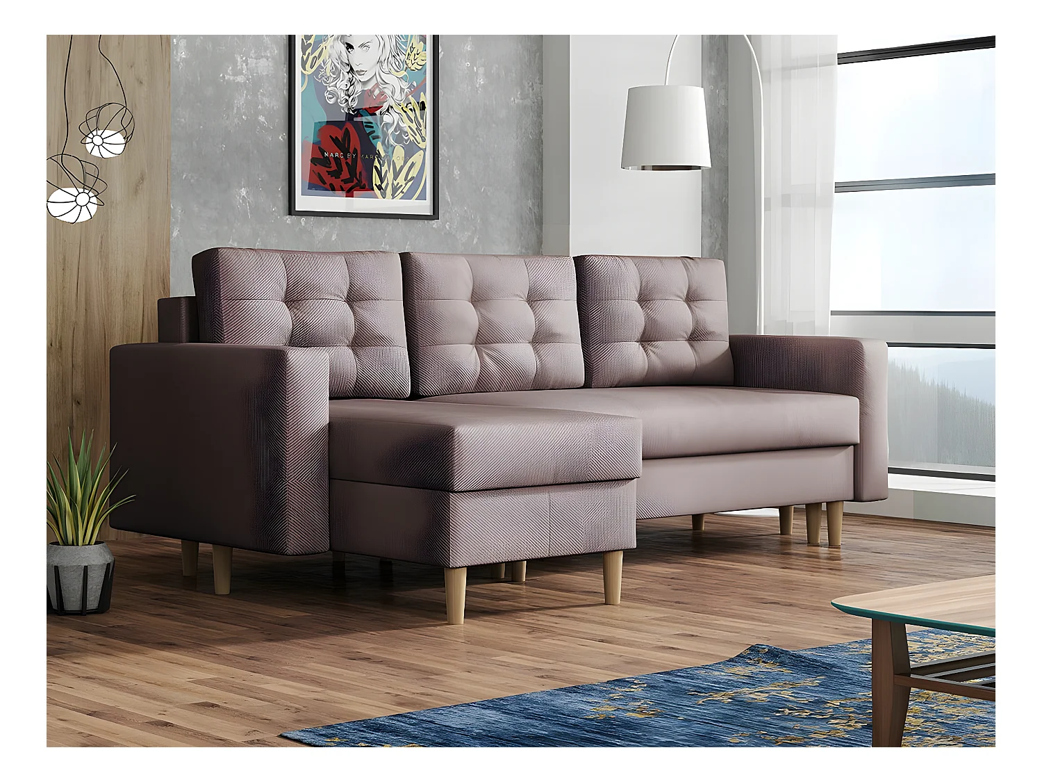 Canapé d'angle Columbus 108, Rose, Fonction de couchage, Boîte de literie, 220x135x88cm