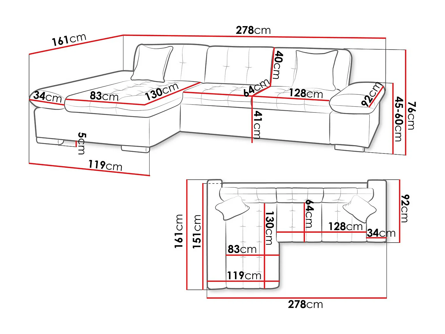 Divano angolare Comfivo 219, Grigio, Senza, 278x161x76cm