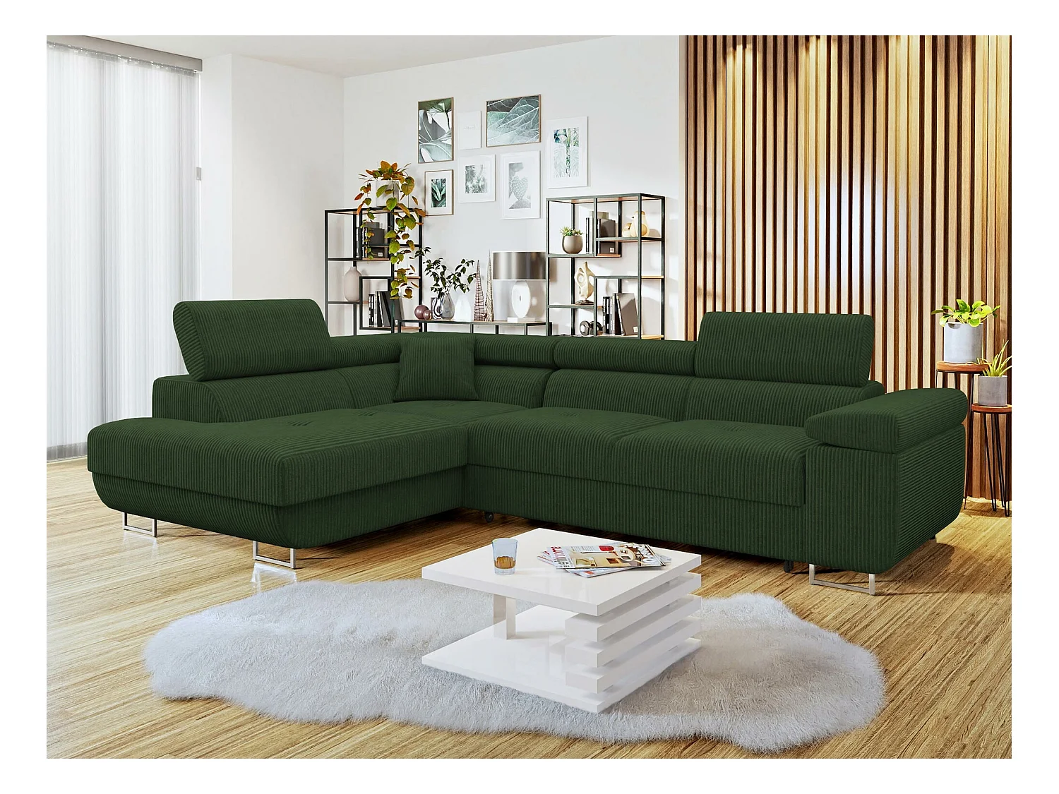Canapé d'angle Comfivo Eliferu 100, Vert, Fonction de couchage, Boîte de literie, 274cm