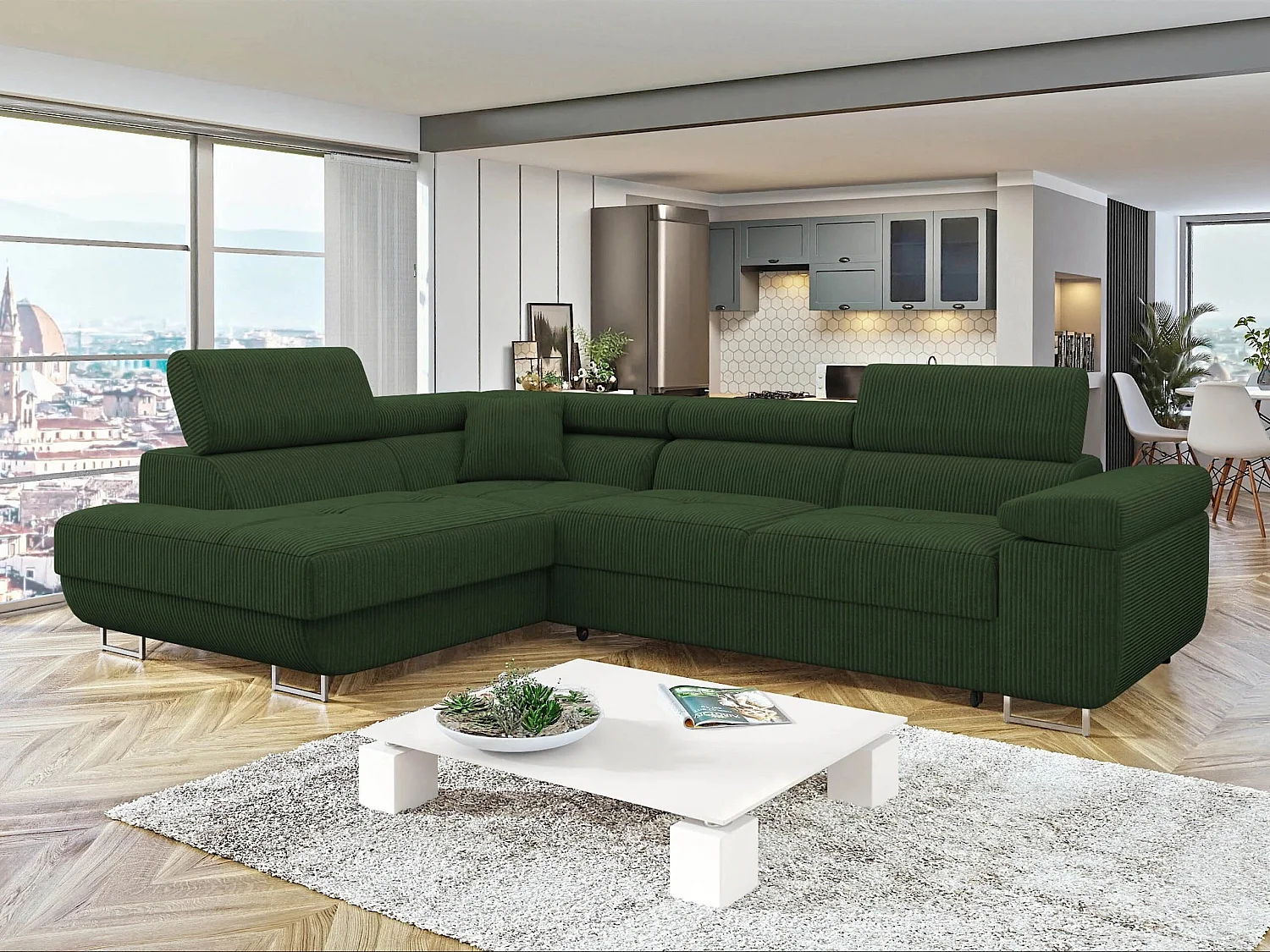 Canapé d'angle convertible 3 places en tissu vert 274x203x70 cm