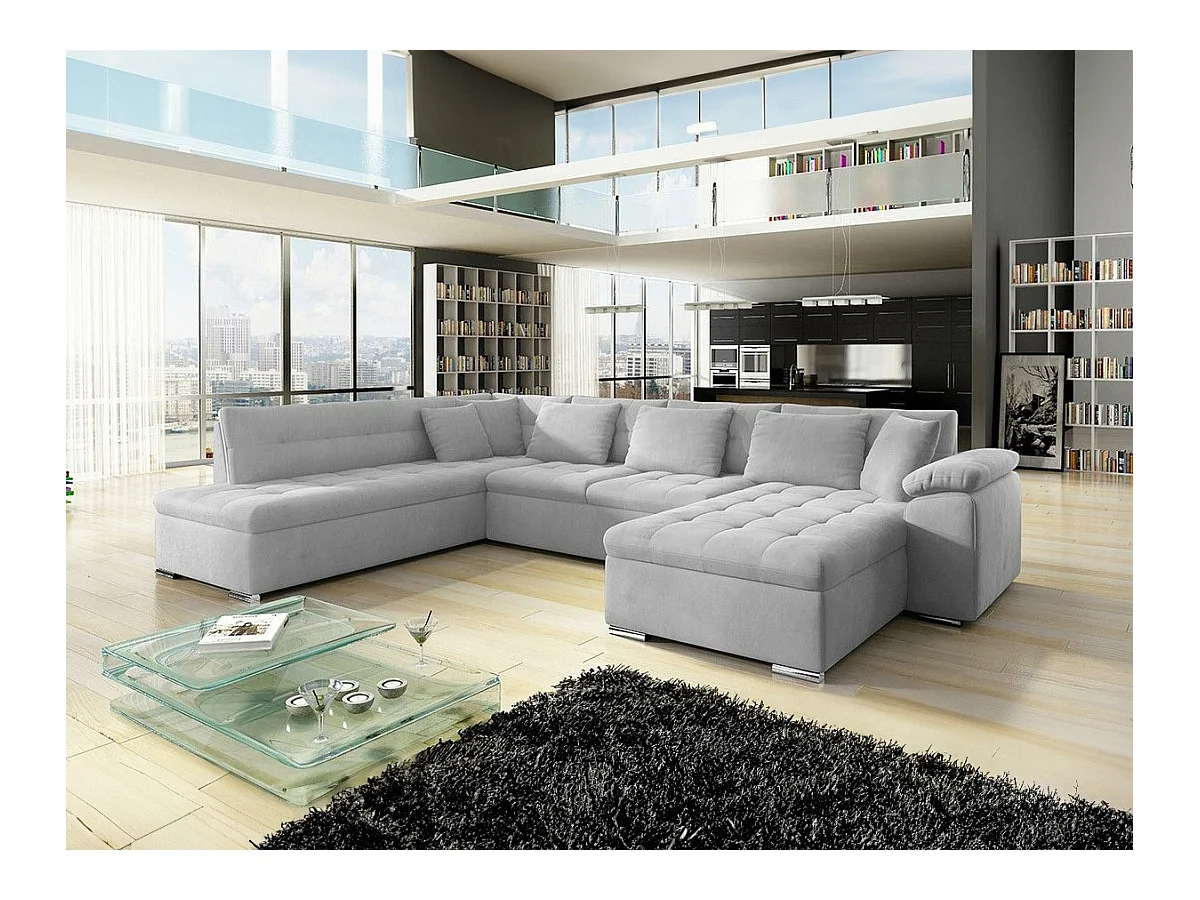 Canapé d'angle Comfivo 128, Gris, Fonction de couchage, 348x205x76cm