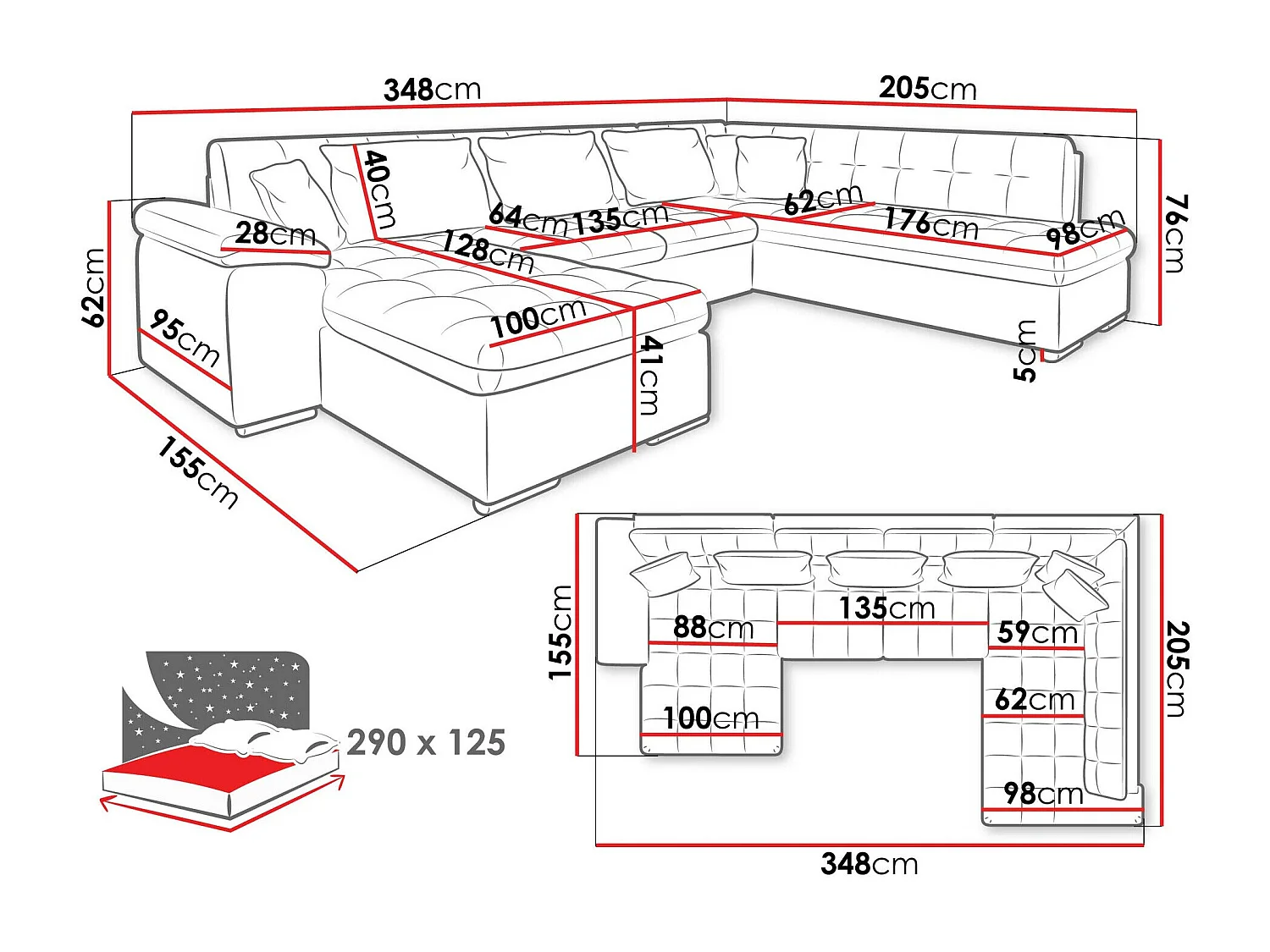 Canapé d'angle Comfivo 128, Gris, Disponible, 348x205x76cm