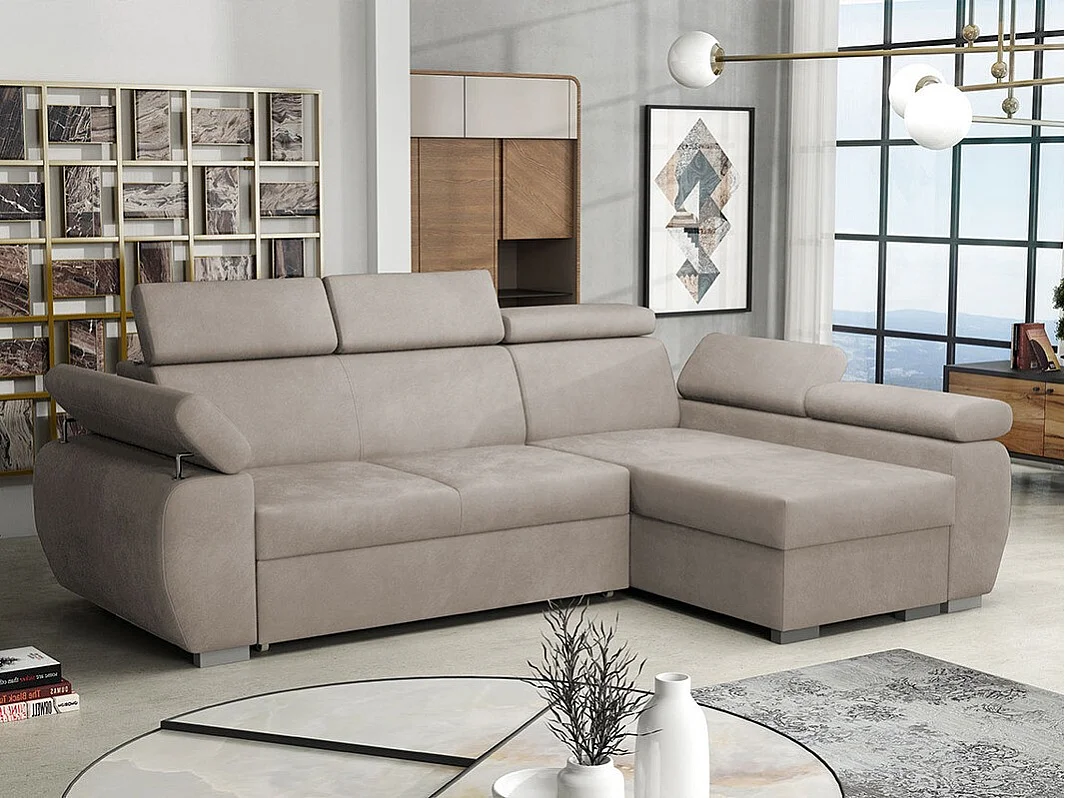 Sofá rinconero Columbus 132, De color marrón claro, Función de descanso, Almacenaje, 85cm