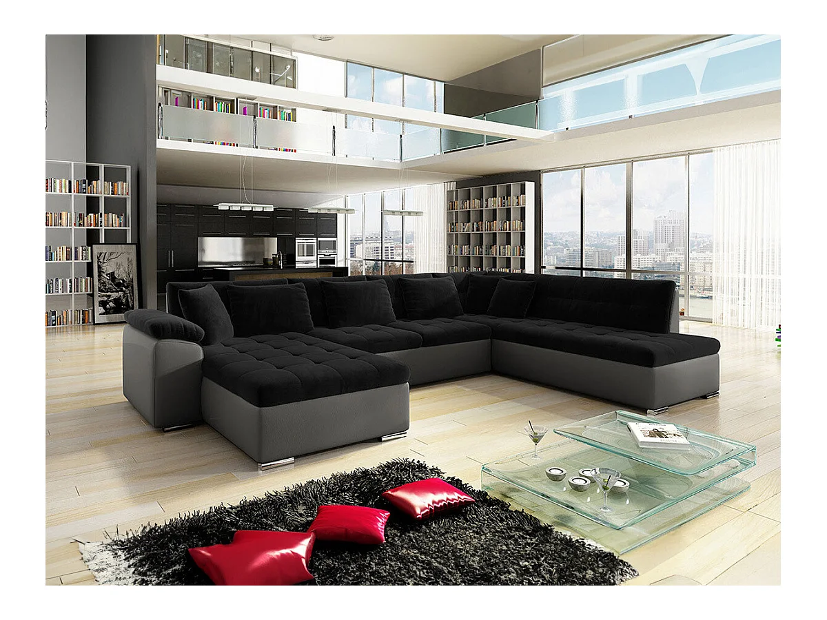 Canapé d'angle Comfivo 128, Noir, Fonction de couchage, 348x205x76cm
