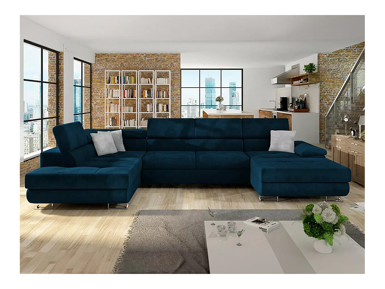 Canapé d'angle Comfivo 190, Bleu, Fonction de couchage, Boîte de literie, 345x202x71cm
