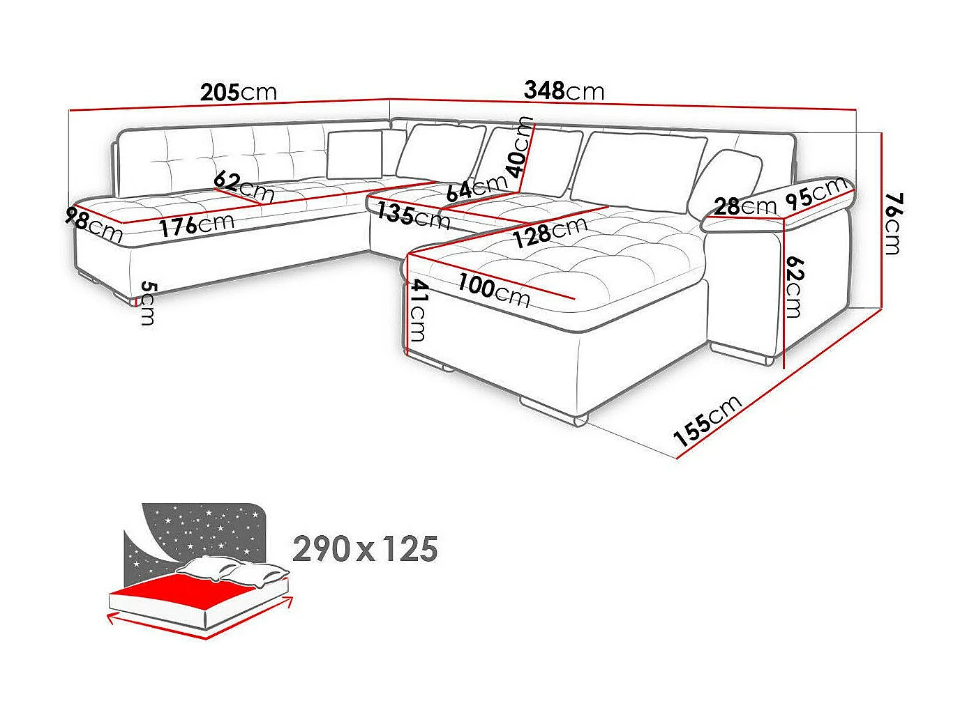 Sofá rinconero Comfivo 180, Gris, Función de descanso, 348x205x76cm