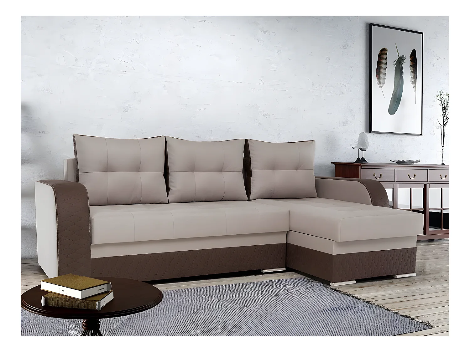 Canapé d'angle Boulder 101, Brun clair, Fonction de couchage, Boîte de literie, 238x140cm