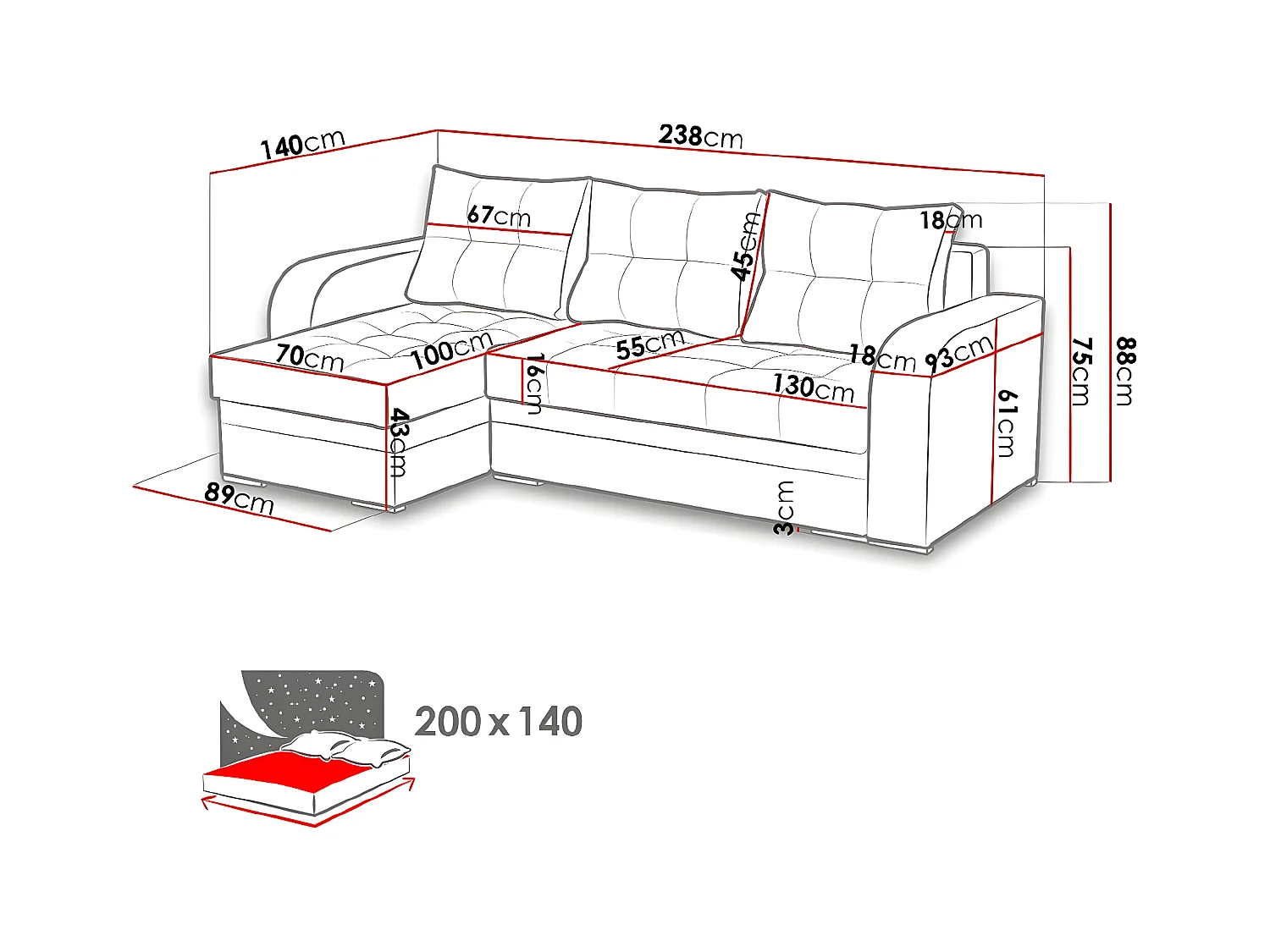 Canapé d'angle Boulder 101, Brun clair, Fonction de couchage, Boîte de literie, 238x140cm