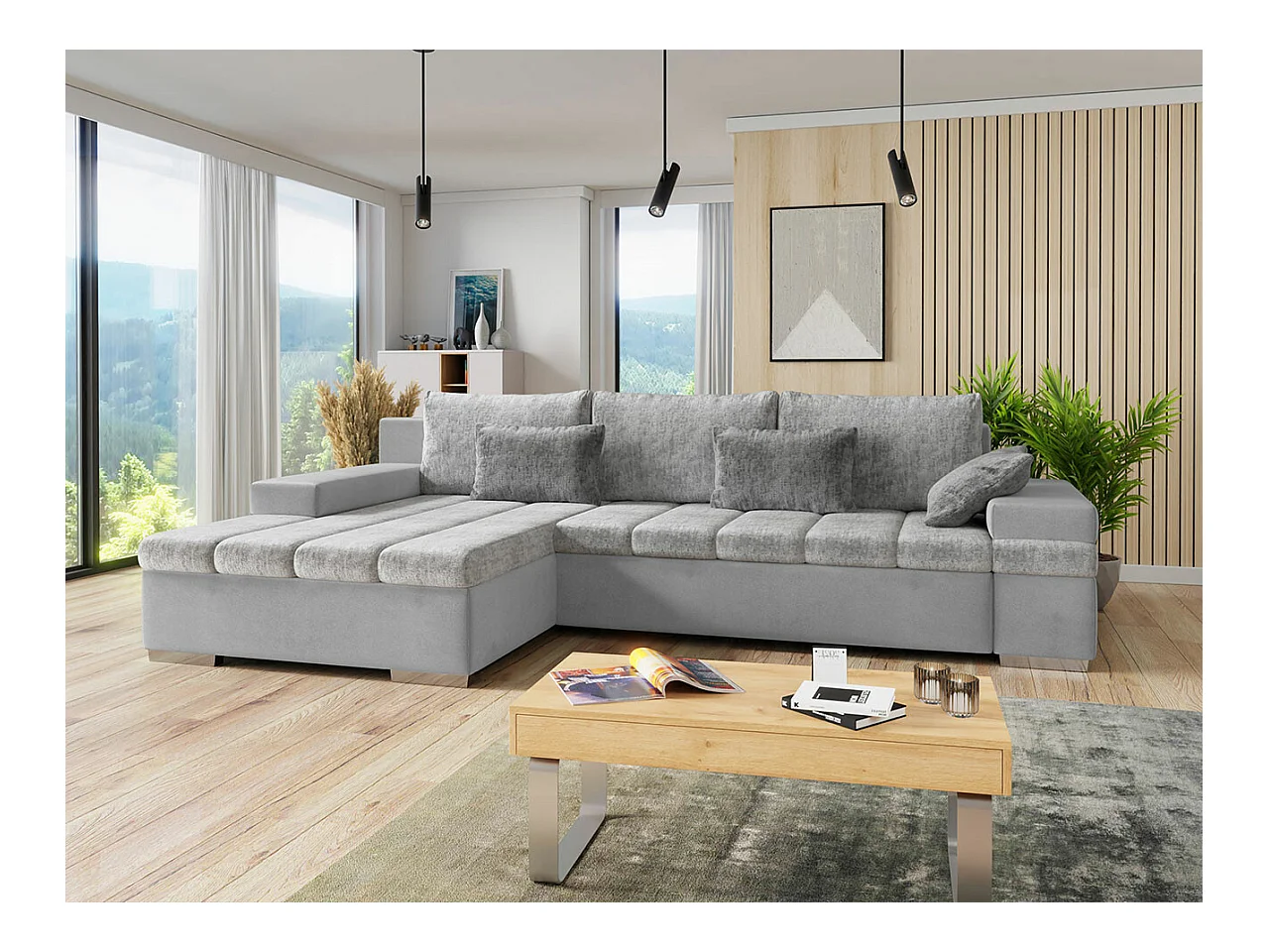 Canapé d'angle Comfivo 169, Gris, Fonction de couchage, Boîte de literie, 310x175x83cm