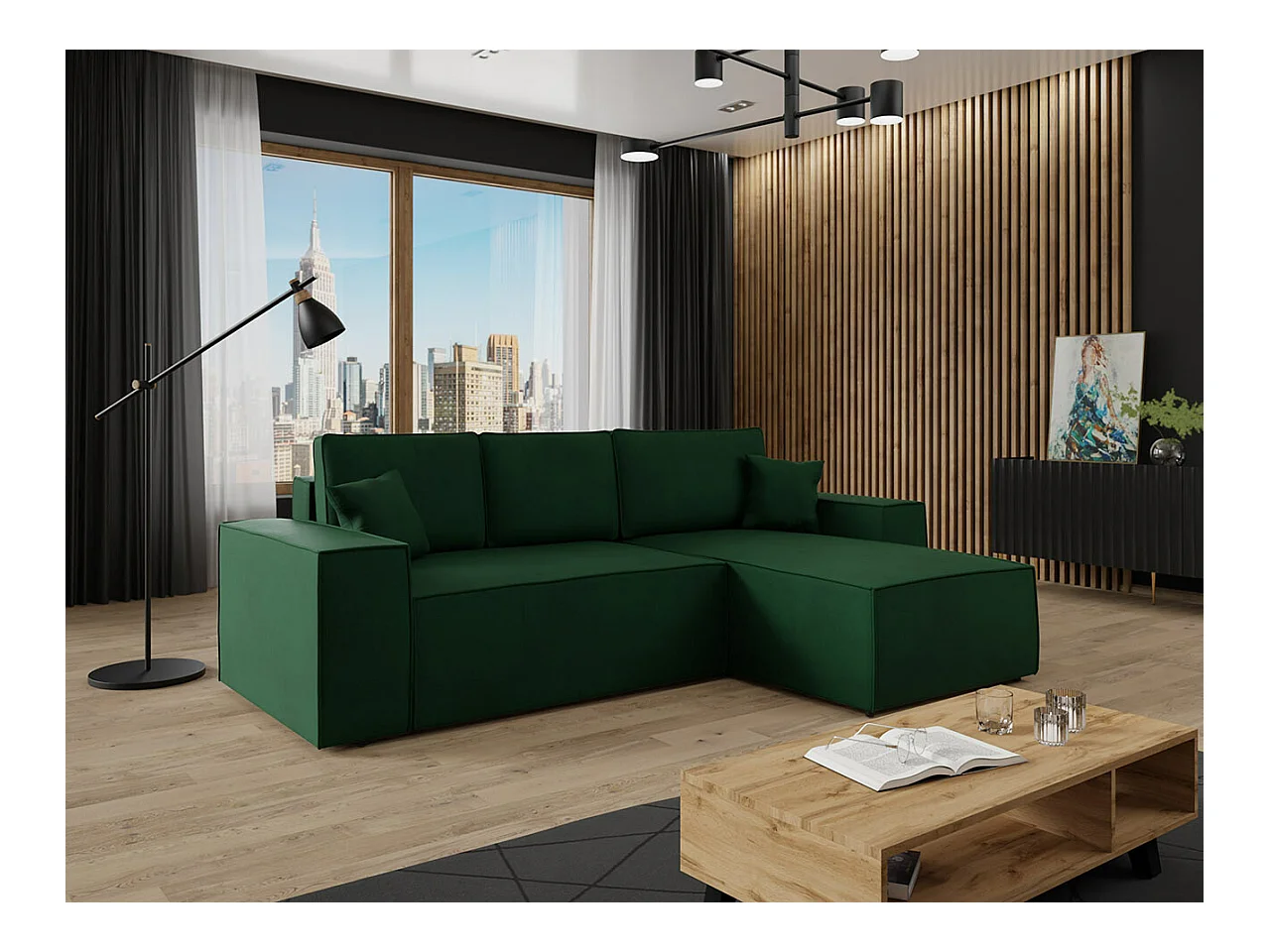 Canapé d'angle Clovis 108, Vert, Fonction de couchage, Boîte de literie, 279x174x94cm
