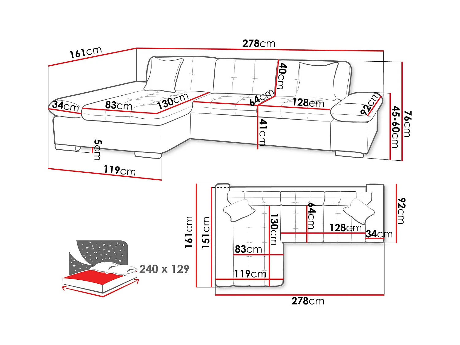 Sofá rinconero Comfivo 250, De color marrón claro, Función de descanso, Almacenaje, 278cm
