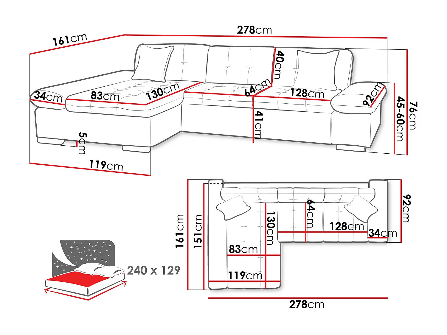Canapé d'angle Comfivo 250, Brun clair, Fonction de couchage, Boîte de literie, 278x161cm