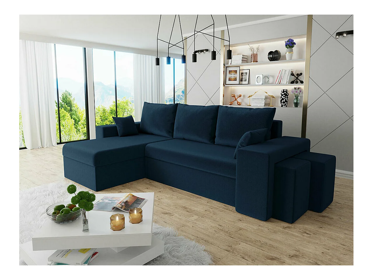 Canapé d'angle Memphis 129, Bleu, Fonction de couchage, Boîte de literie, 256x139x80cm