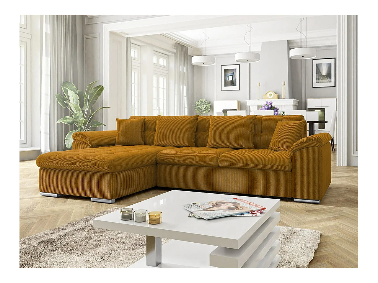 Canapé d'angle Comfivo 107, Jaune, Fonction de couchage, Boîte de literie, 280x160x76cm