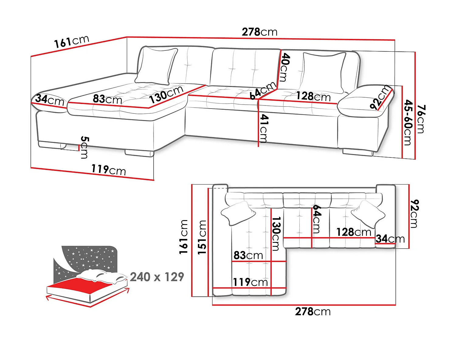 Sofá rinconero Comfivo 250, Gris, Función de descanso, Almacenaje, 278x161x76cm