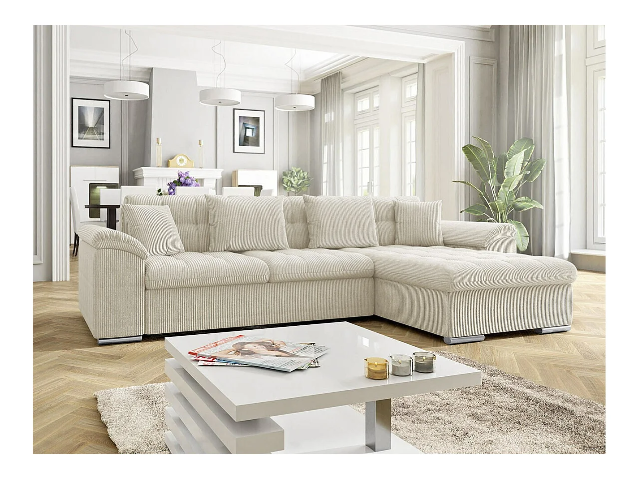 Canapé d'angle Comfivo 107, Brun clair, Fonction de couchage, Boîte de literie, 280x160cm
