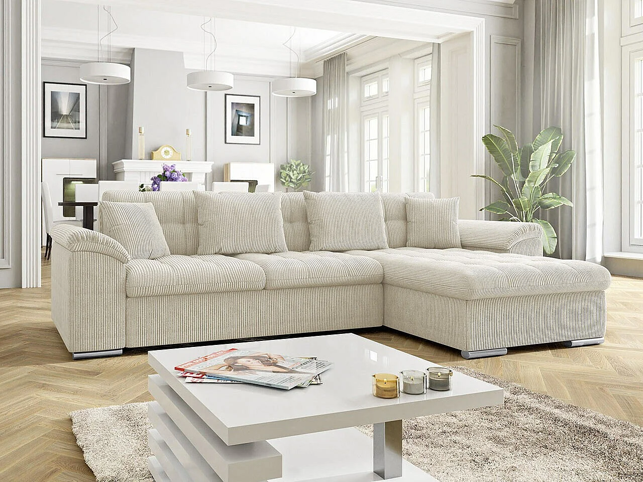 Sofá rinconero Comfivo Mica, Crema, Función de descanso, Almacenaje, 280x160x76cm