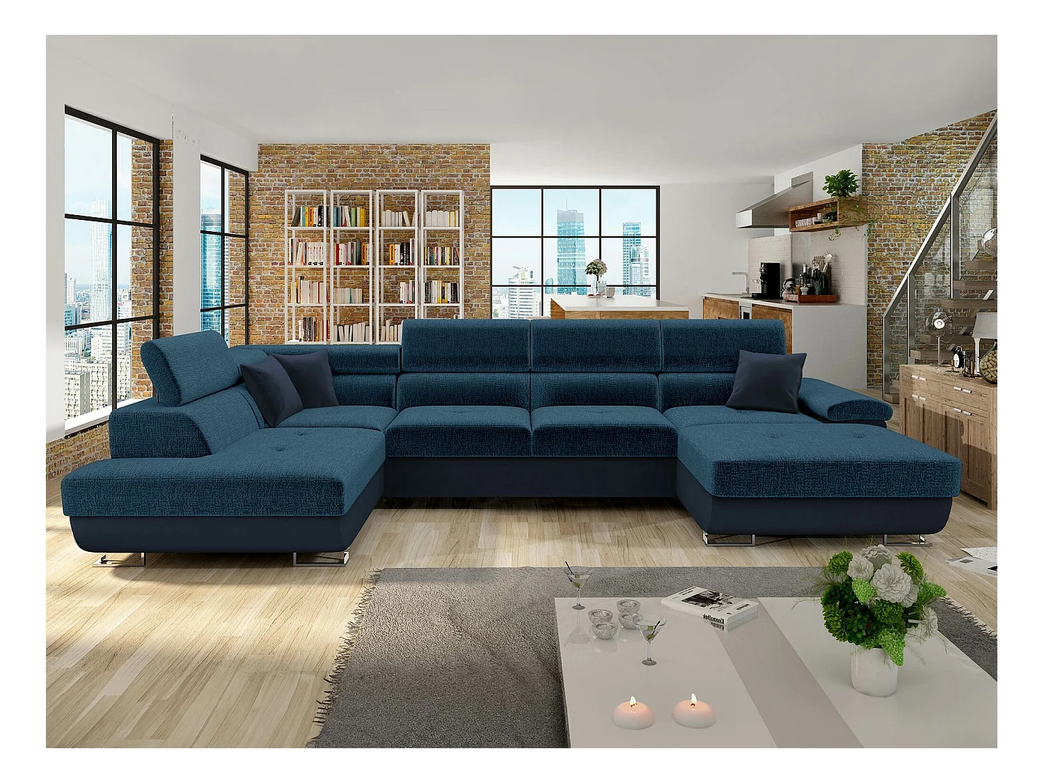 Canapé d'angle Comfivo 241, Bleu, Fonction de couchage, Boîte de literie, 345x202x71cm