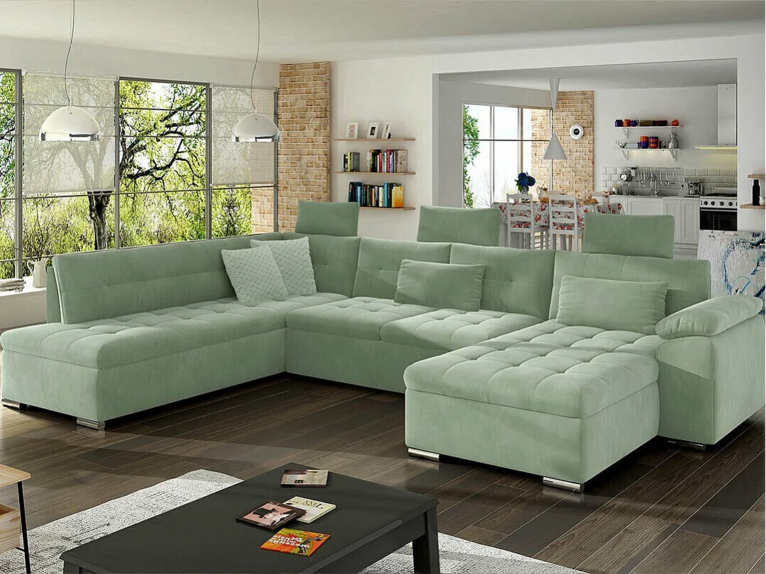 Sofá rinconero Comfivo 127, Verde, Función de descanso, Caja de ropa de cama, 350x205cm