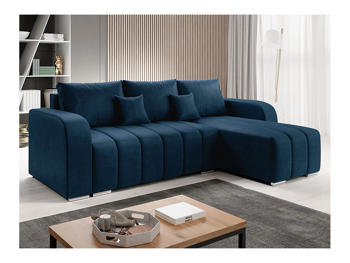 Canapé d'angle Muncie 107, Bleu, Fonction de couchage, Boîte de literie, 244x147x86cm