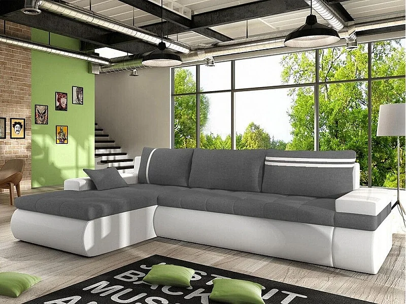 Canapé d'angle Temple 100, Gris, Fonction de couchage, Boîte de literie, 300x182x90cm