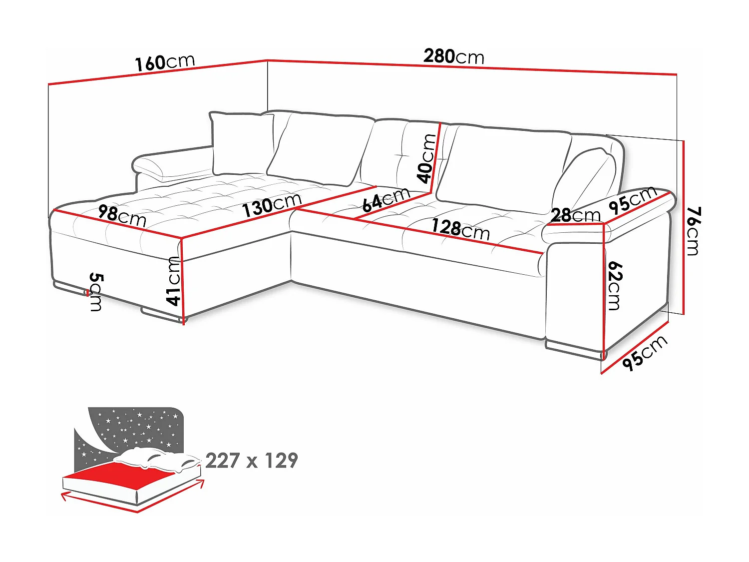 Sofá rinconero Comfivo 129, Gris, Función de descanso, Almacenaje, 277x158x76cm