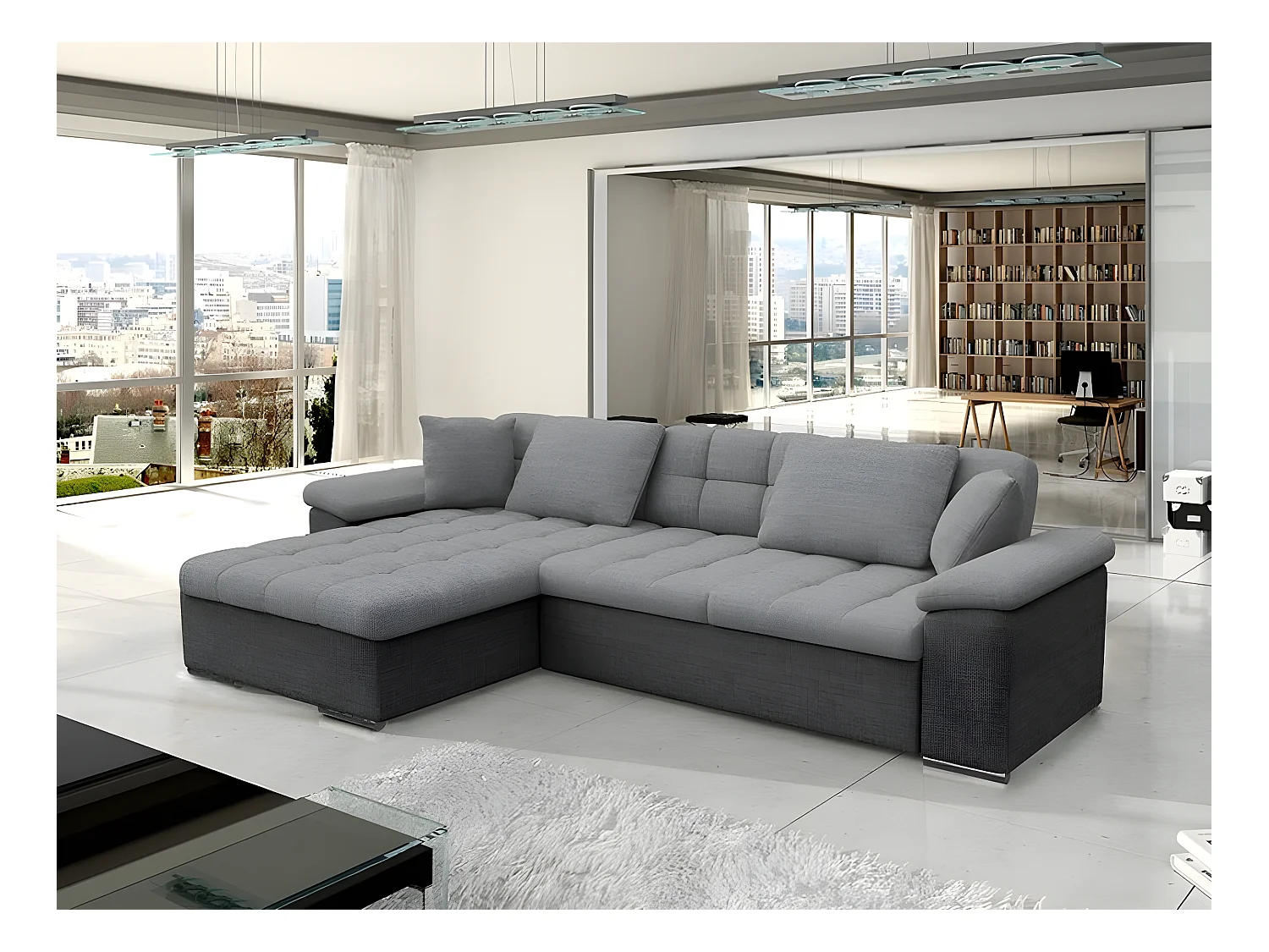 Canapé d'angle Comfivo 129, Gris, Fonction de couchage, Boîte de literie, 277x158x76cm