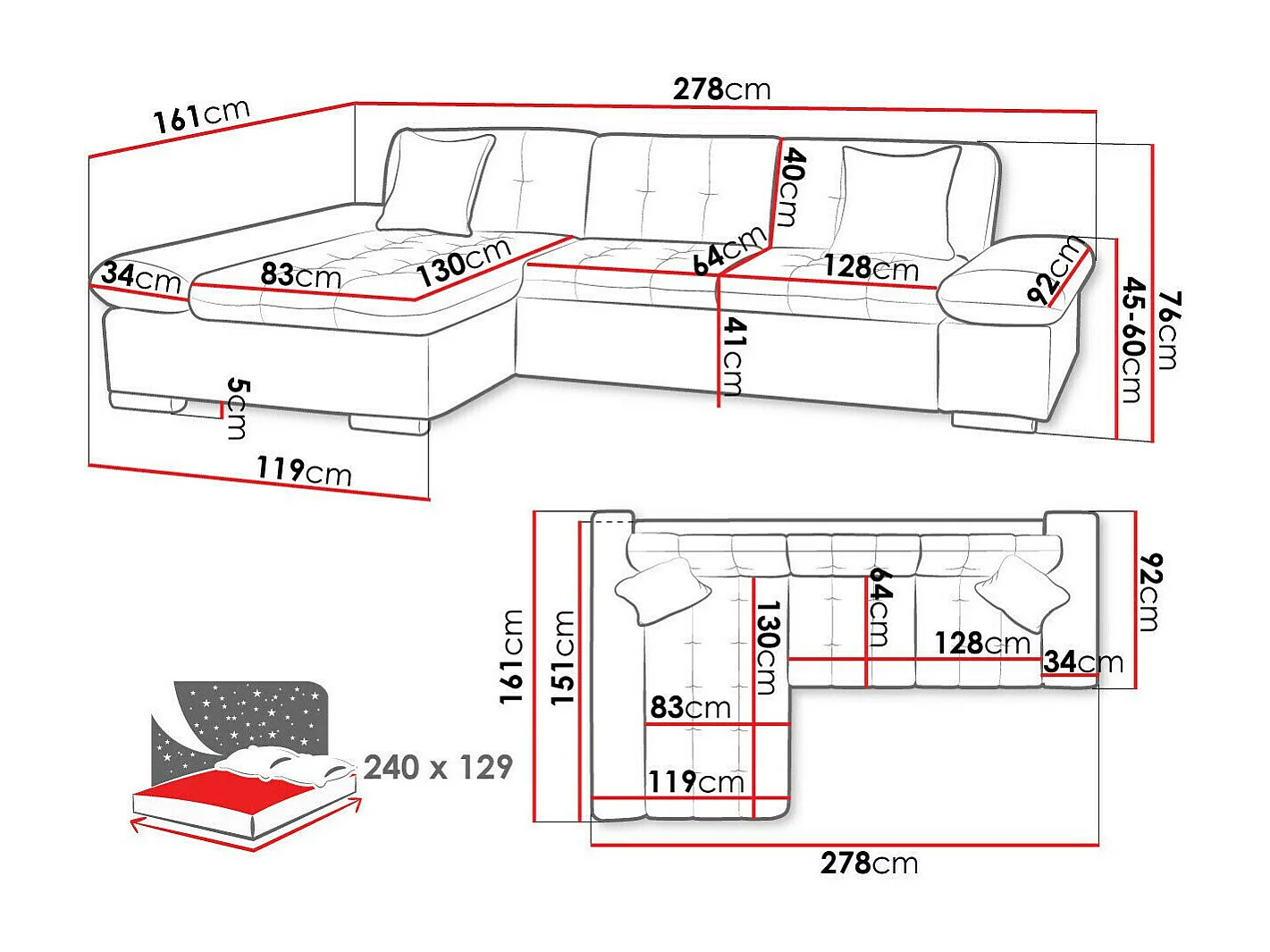 Canapé d'angle Comfivo 151, Gris, Disponible, 278x161x76cm