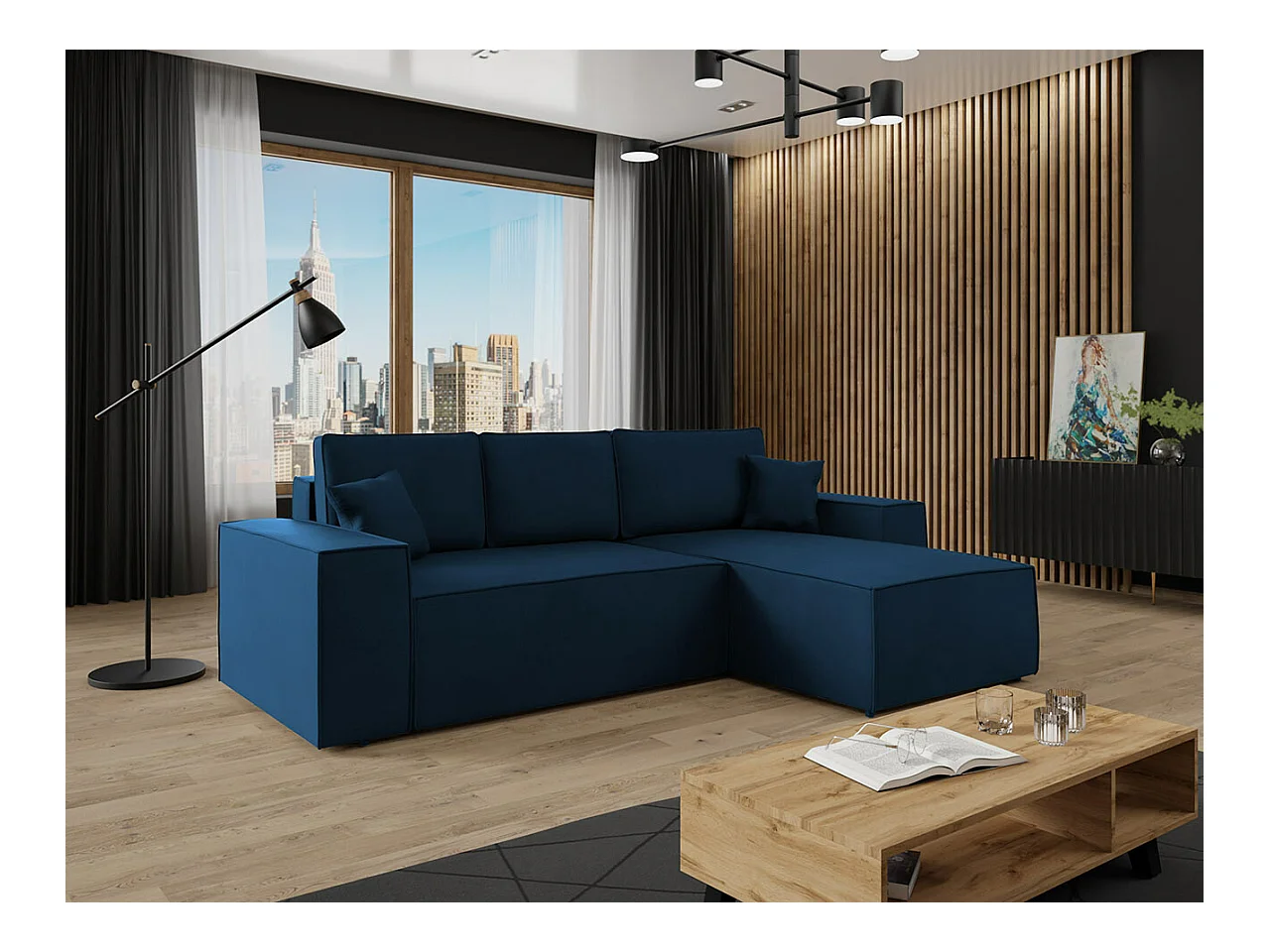 Canapé d'angle Clovis 108, Bleu, Fonction de couchage, Boîte de literie, 279x174x94cm
