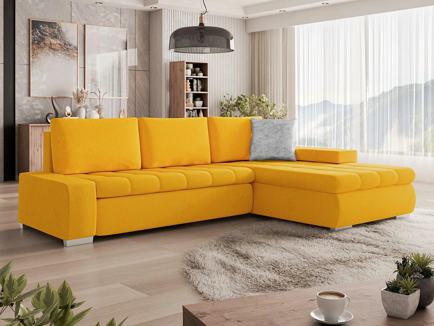 Sofá rinconero Comfivo 251, Amarillo, Función de descanso, Almacenaje, 265x185x85cm