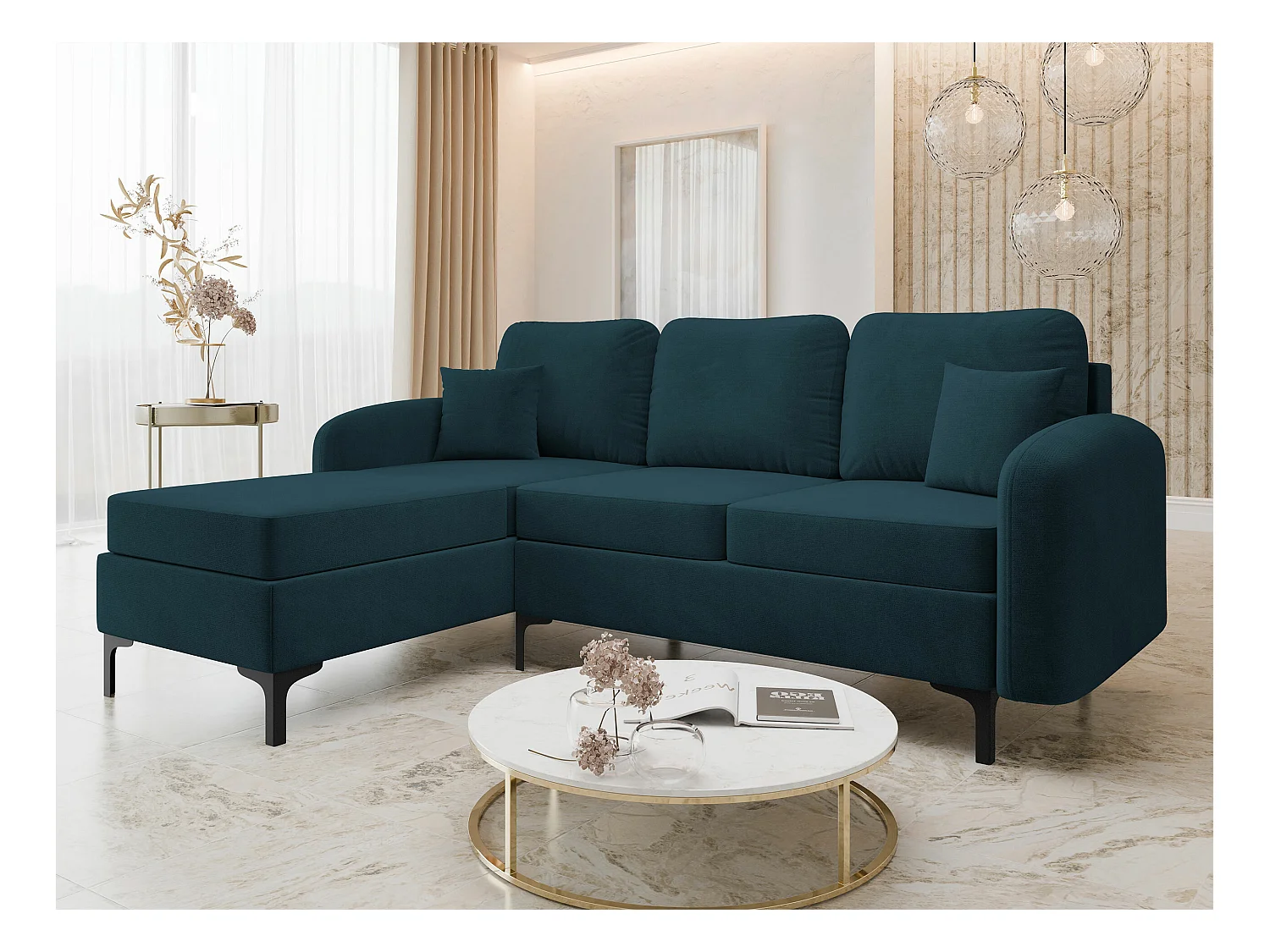 Canapé d'angle Torlua 103, Turquoise, Fonction de couchage, Boîte de literie, 225x172cm