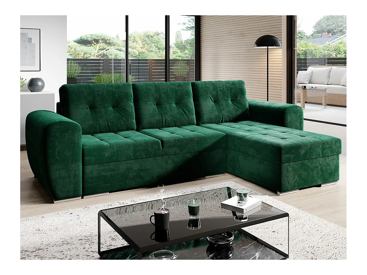 Sofá rinconero Muncie 109, Verde, Función de descanso, Almacenaje, 256x157x97cm