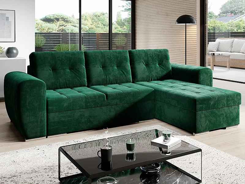 Sofá rinconero Muncie 109, Verde, Función de descanso, Almacenaje, 256x157x97cm