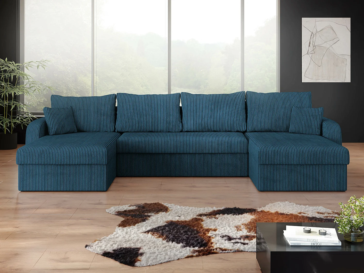 Sofá rinconero Comfivo Melissa II, Azul, Función de descanso, Almacenaje, 304x140x80cm