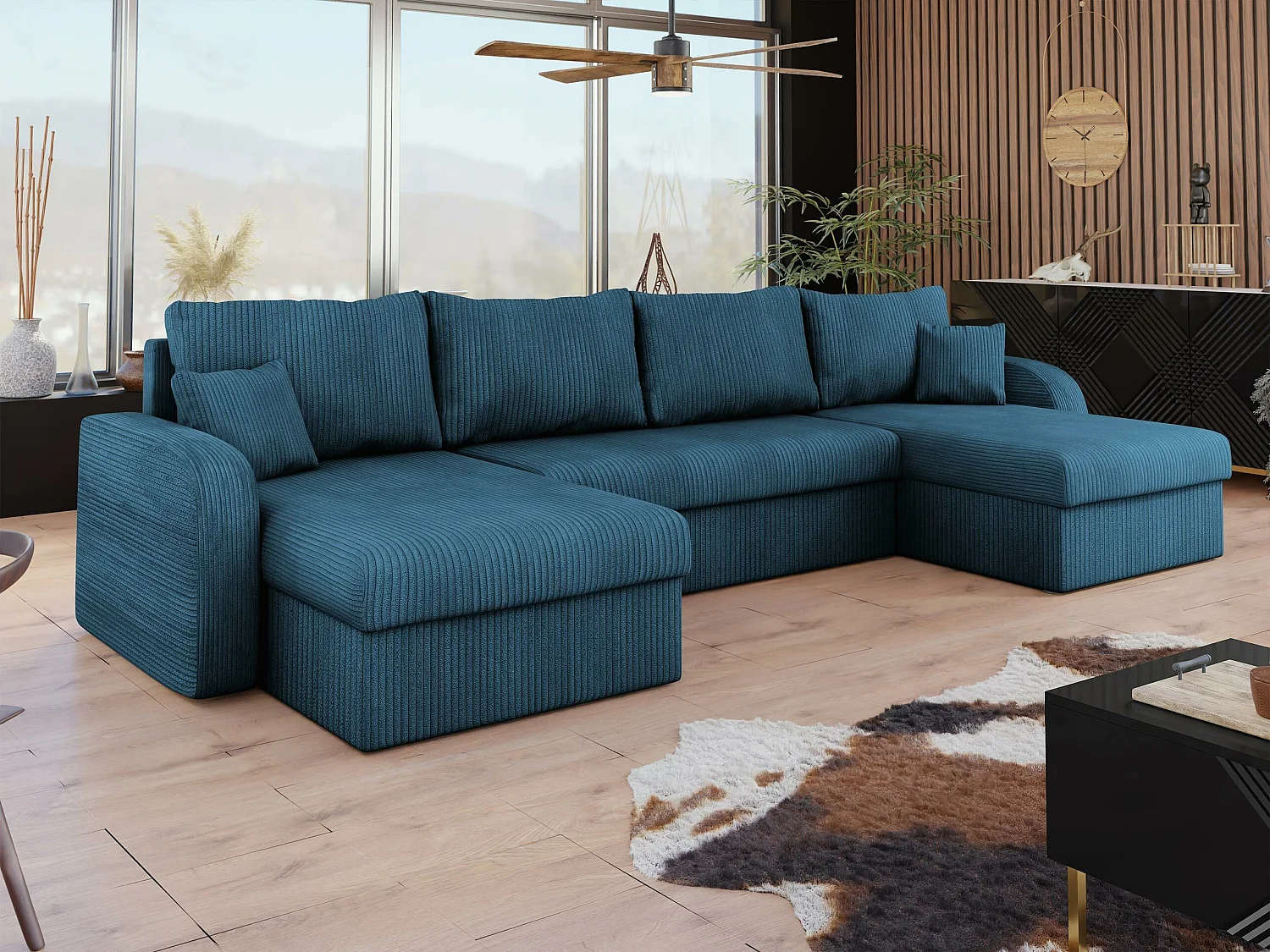 Sofá rinconero Comfivo Melissa II, Azul, Función de descanso, Almacenaje, 304x140x80cm