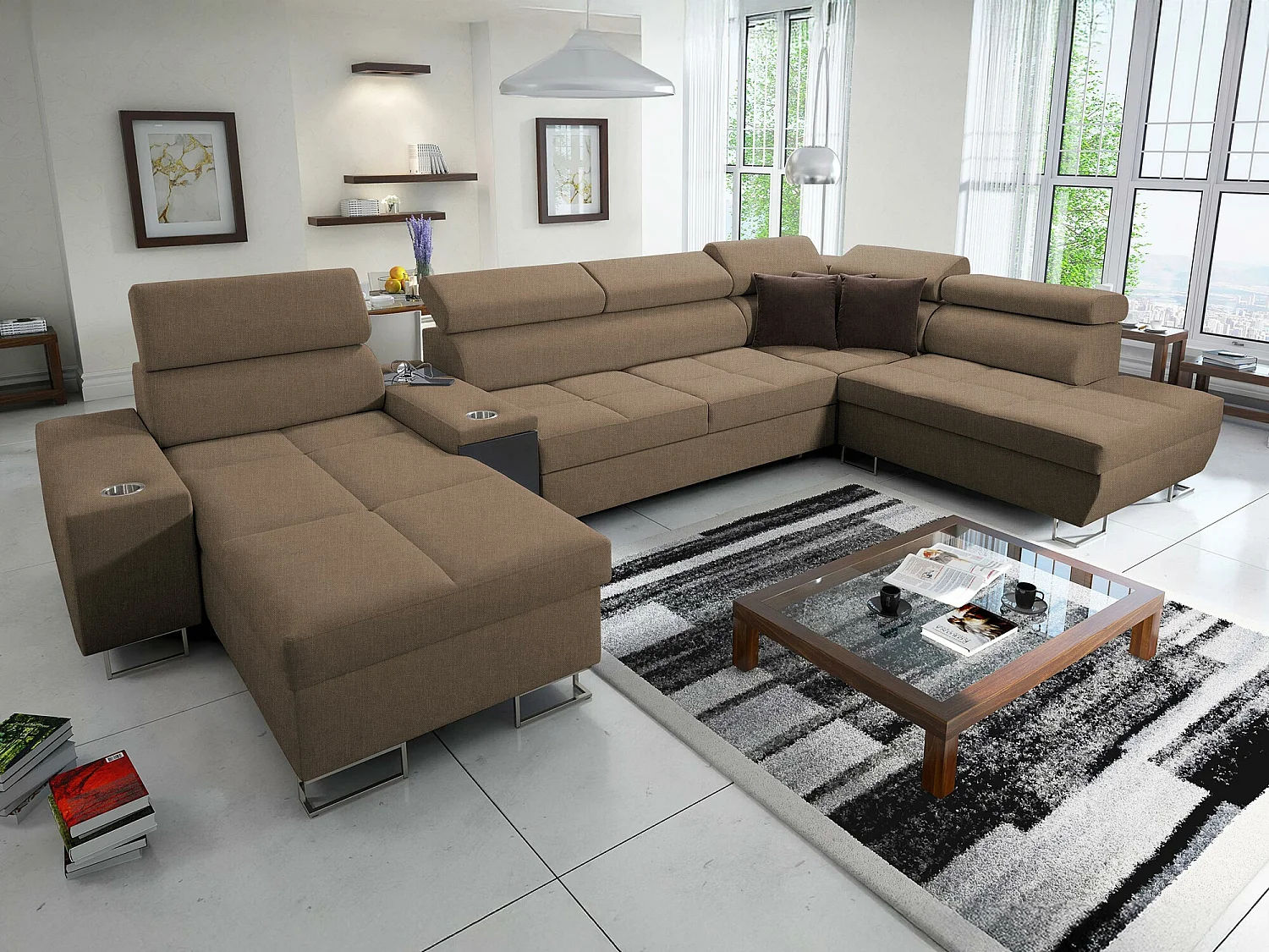 Canapé d'angle Pearland 113, Marron, Fonction de couchage, Boîte de literie, 371x221x84cm