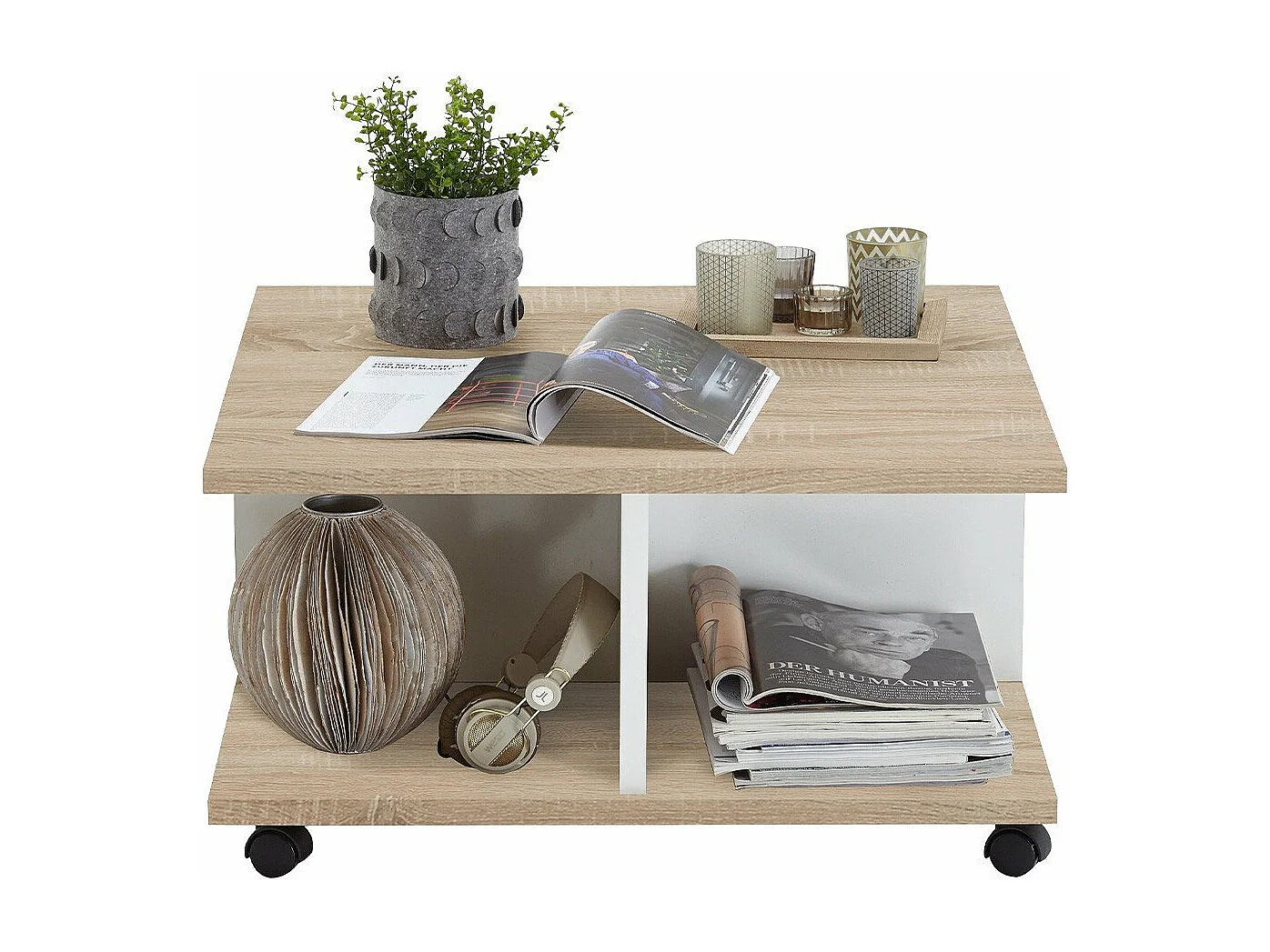 Tavolino da Salotto con Ruote 70x70x36 cm Rovere e Bianco Lucido