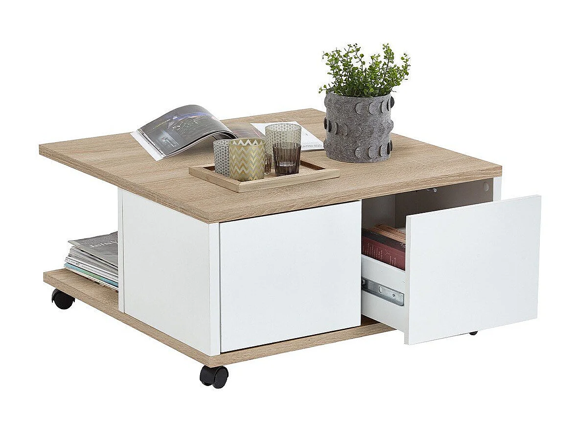 Tavolino da Salotto con Ruote 70x70x36 cm Rovere e Bianco Lucido