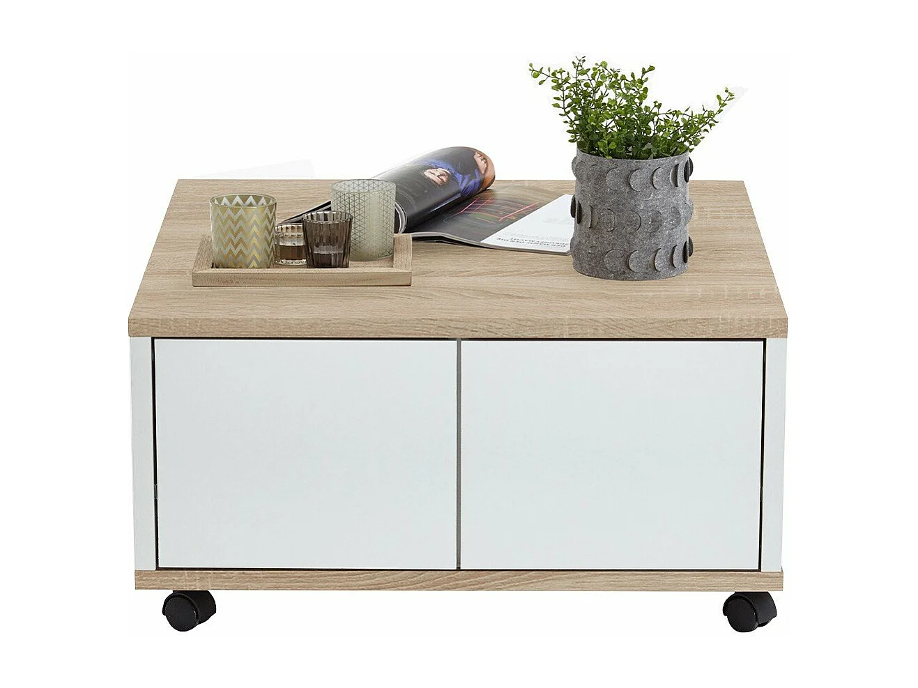 Tavolino da Salotto con Ruote 70x70x36 cm Rovere e Bianco Lucido