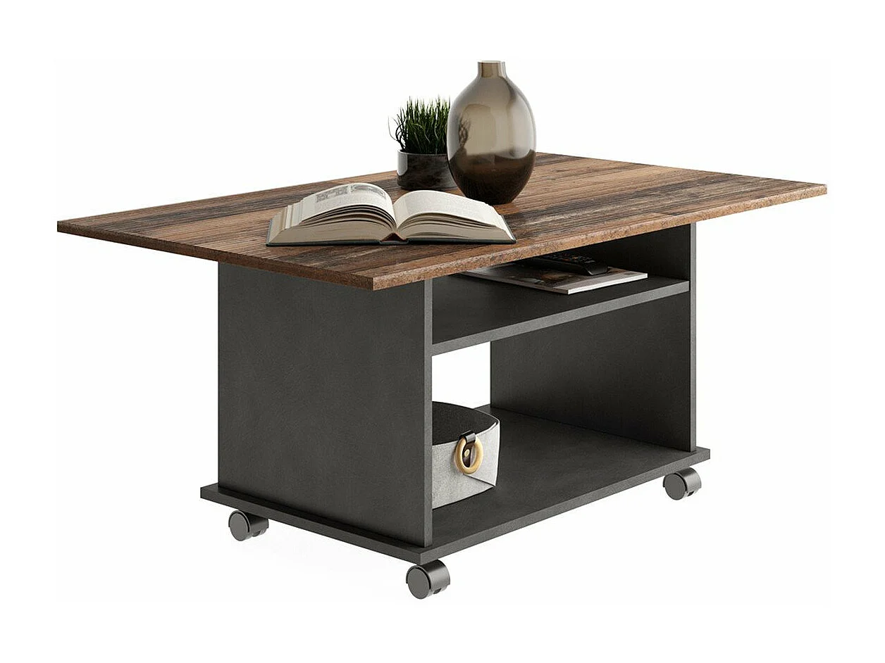 Mesa de centro com rodas cor de madeira estilo antigo e preto