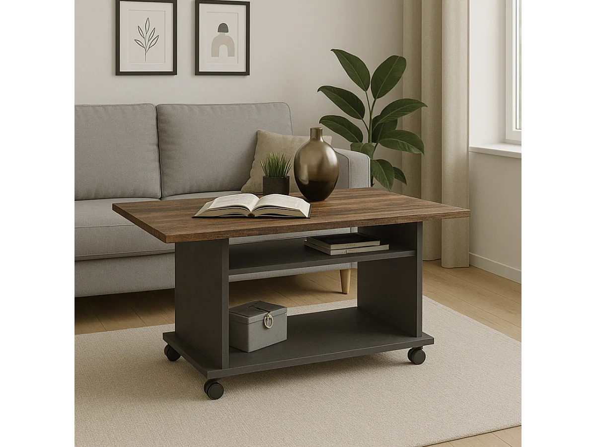 Mesa de centro com rodas cor de madeira estilo antigo e preto