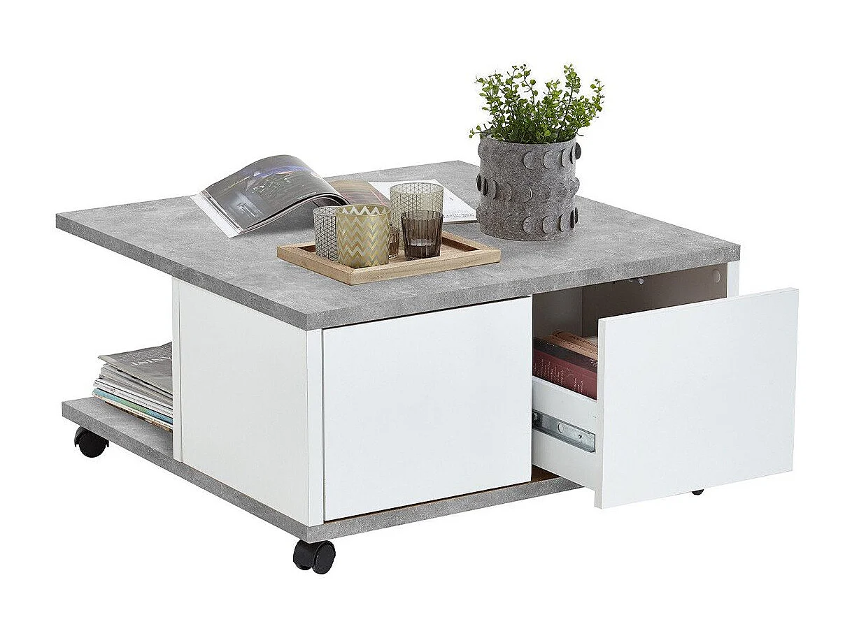 Table Basse sur Roulettes 2 Tiroirs 2 Niches L70 cm - Twin