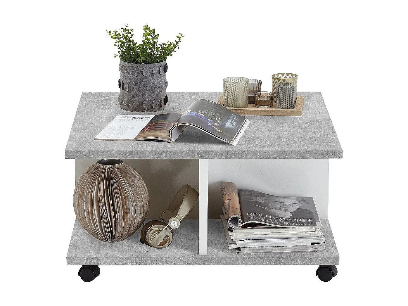 FMD Mobiler Couchtisch 70×70×35,5 cm Betongrau und Hochglanz-Weiß