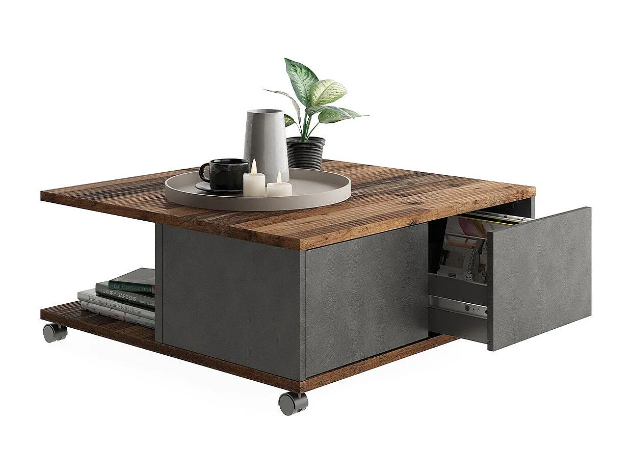 Stolik kawowy na kółkach 2 szuflady 2 wnęki L70 cm - Twin