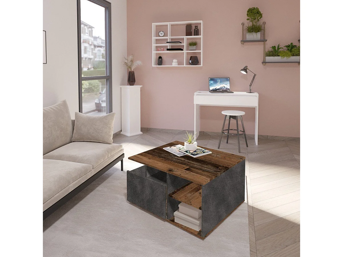 Stolik kawowy na kółkach 2 szuflady 2 wnęki L70 cm - Twin