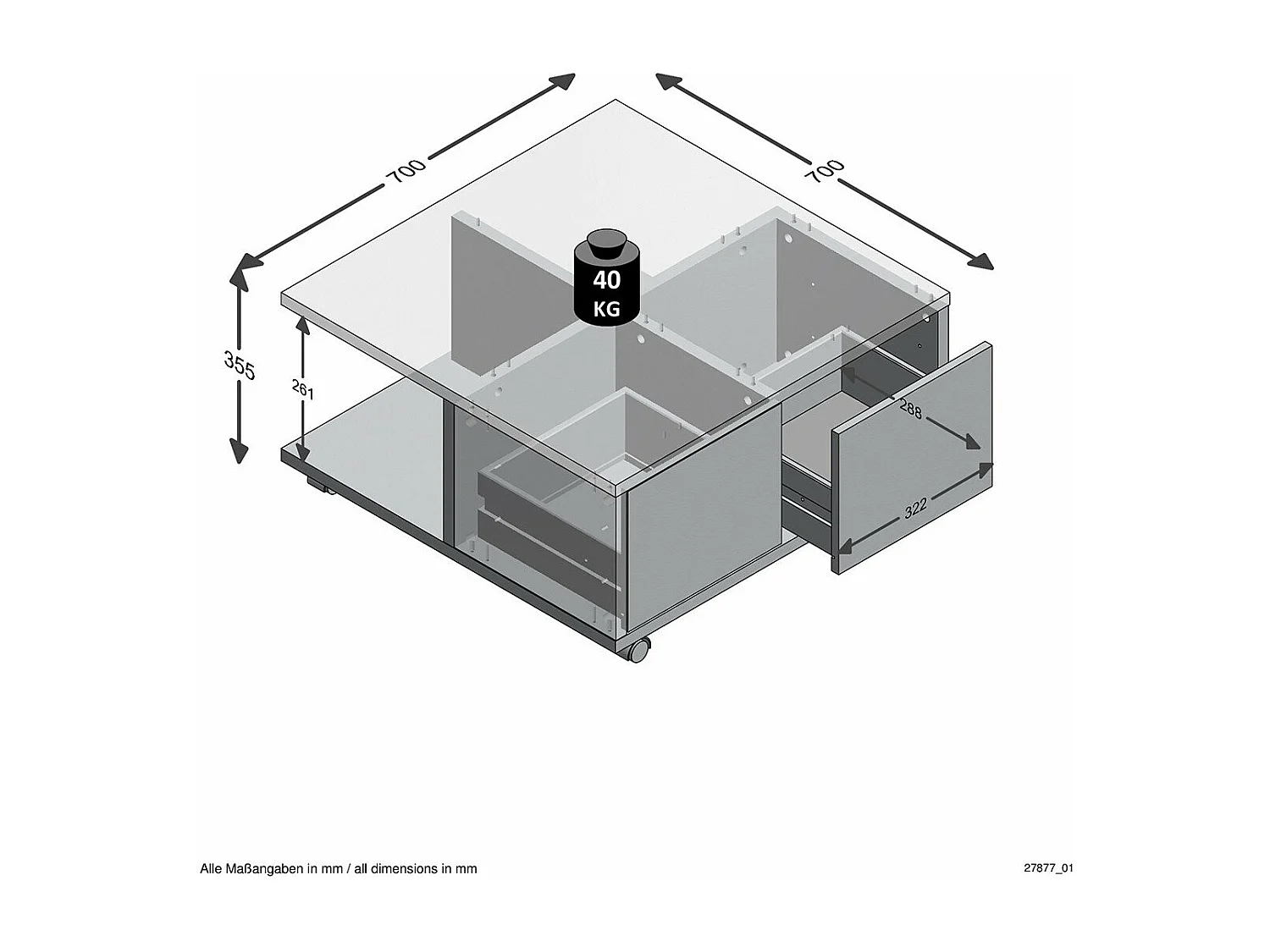 Stolik kawowy na kółkach 2 szuflady 2 wnęki L70 cm - Twin