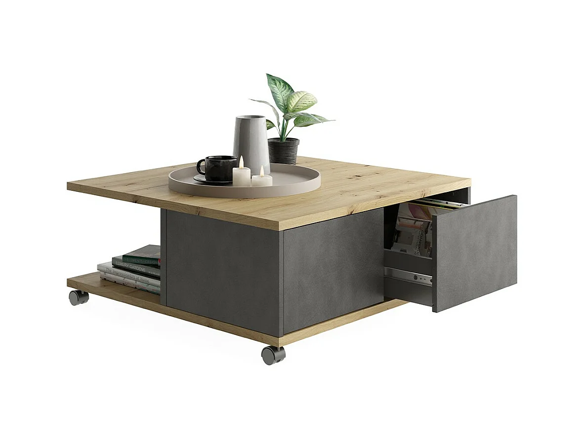 Table Basse sur Roulettes 2 Tiroirs 2 Niches L70 cm - Twin