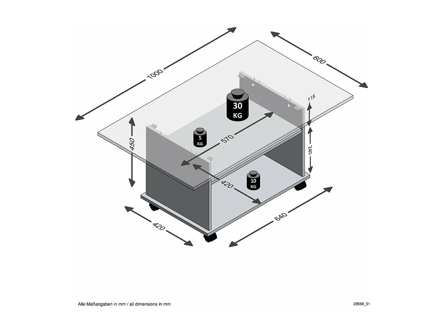 Salontafel met wieltjes betongrijs en wit