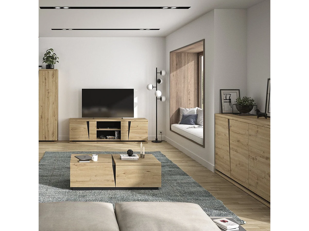 Table basse effet bois chêne  1 tiroir & niche fabriquée en france